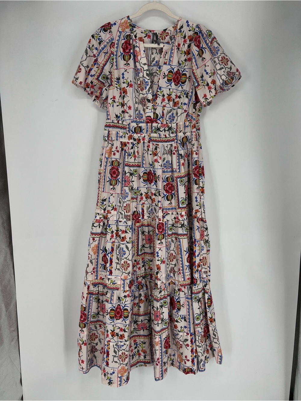 Anthropologie Somerset Printed V Neck Short Sleeve Boho Midi Dress in Oyster L - Picture 5 of 13